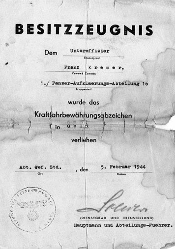 Besitzzeugnisse Kraftfahr-Bewährungsabzeichen in Gold