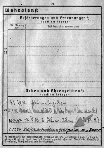 Wehrpass-Einträge Kraftfahr-Bewährungsabzeichen in Bronze
