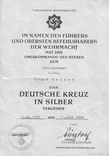 Besitzzeugnisse Deutsches Kreuz in Silber