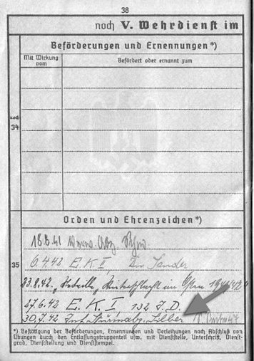 Wehrpass-Einträge Infanterie-Sturmabzeichen in Silber
