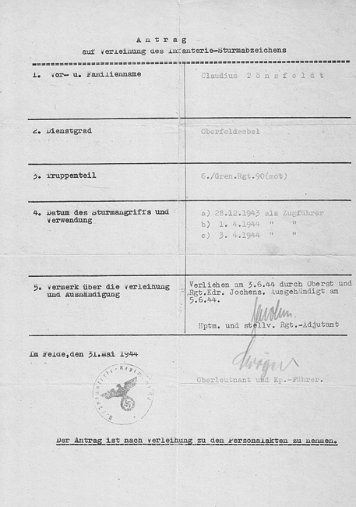 Verleihungsanträge Infanterie-Sturmabzeichen in Bronze