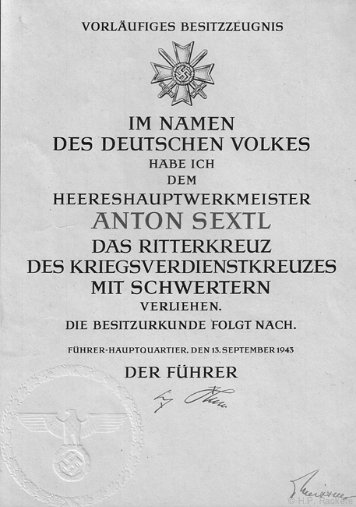 Besitzzeugnisse Ritterkreuz des Kriegsverdienstkreuzes