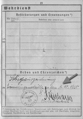 Wehrpass-Einträge Medaille zur Erinnerung an den 1. Oktober 1938